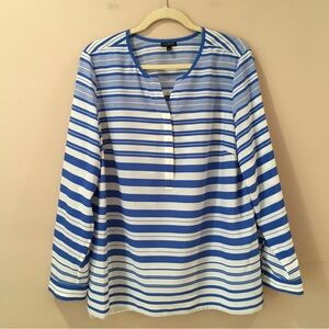 Talbots Henley Popover Top Blouse Women's XL Blue White Striped Coastal Casual